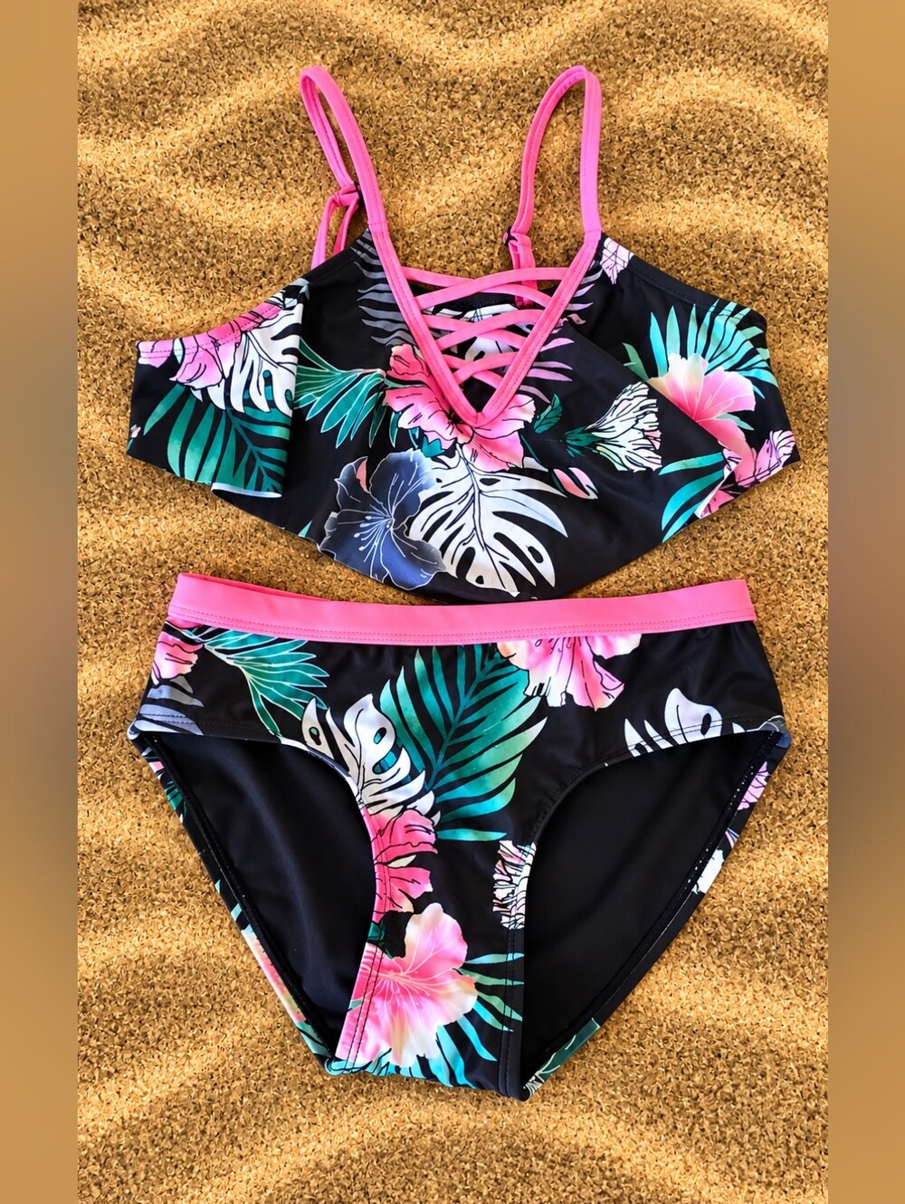 Justice Black Tropical Floral Two-Piece Bikini with Pink Trim